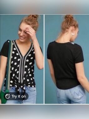 Anthropologie Akemi+Kin black and white Polka Dot V-Neck Tie Front Top size M